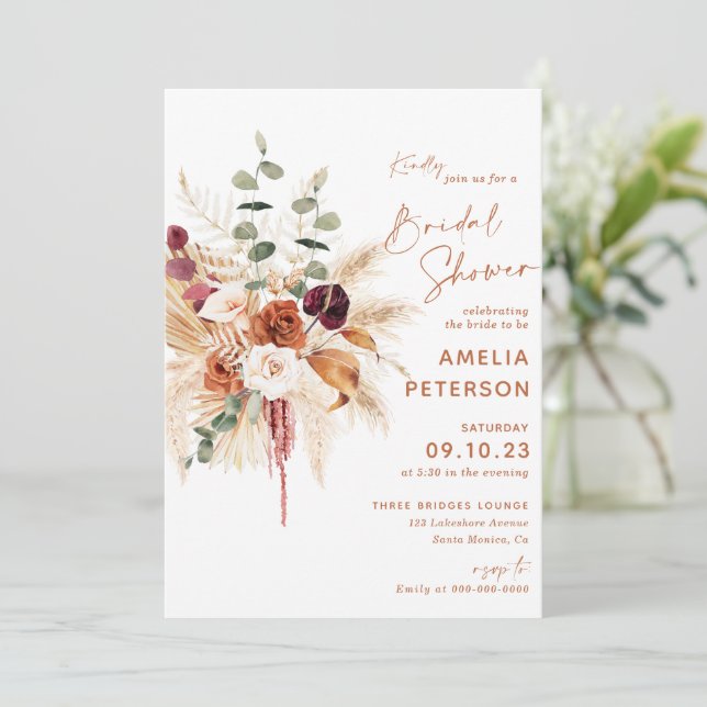 Boho Pampas Terracotta Bridal Shower Invitation Inbjudningar (Stående Fram)
