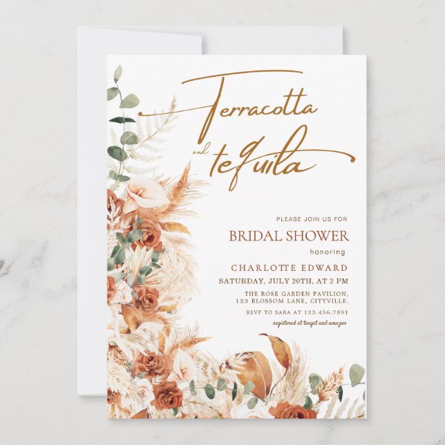 Boho Pampas Terracotta & Tequila Bridal Shower Inbjudningar (Framsida)