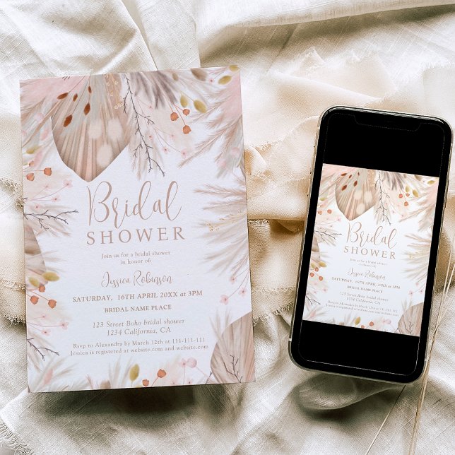 Boho pampas, torkade blommor, möhippa inbjudningar (Boho pampas grass dried flowers bridal shower invitation)