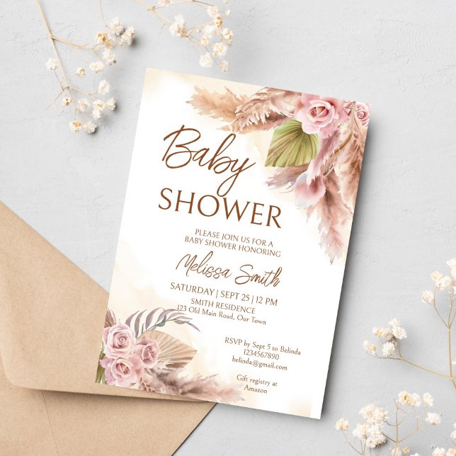 Boho pampas torrgräs beige ro babydusch inbjudningar (Boho pampas dry grass earthy pastel cream roses baby shower invitation template instant download)