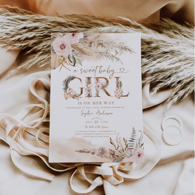 Boho Pampas Tropical Girl Shower Inbjudan (Boho Baby Shower)
