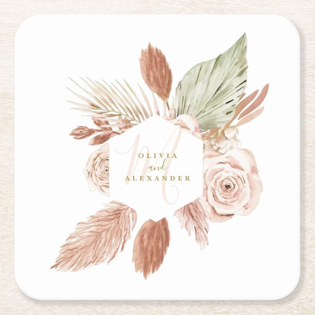Boho Pampas Tropiska Torkade Blommor Bröllop Underlägg Papper Kvadrat (Framsidan)