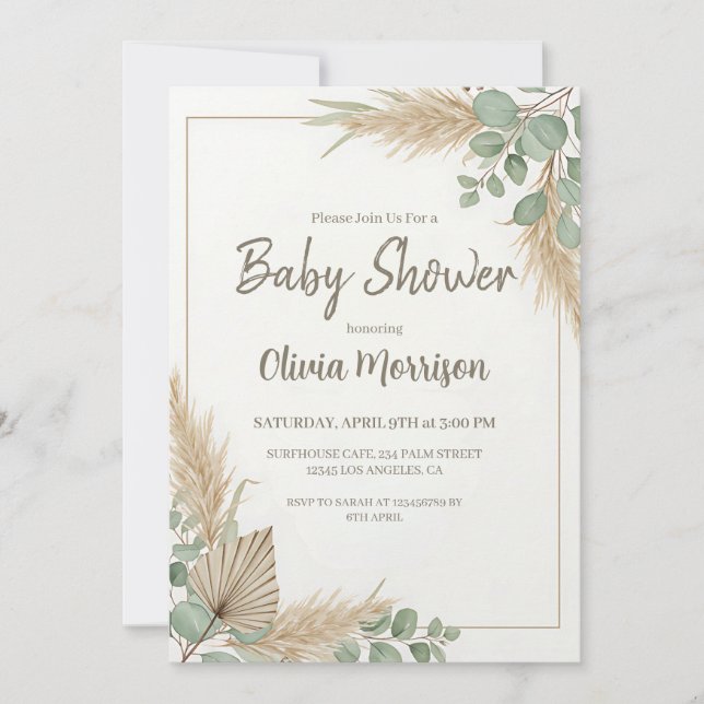 Boho Pampasgräs Baby Shower Inbjudningar (Framsida)