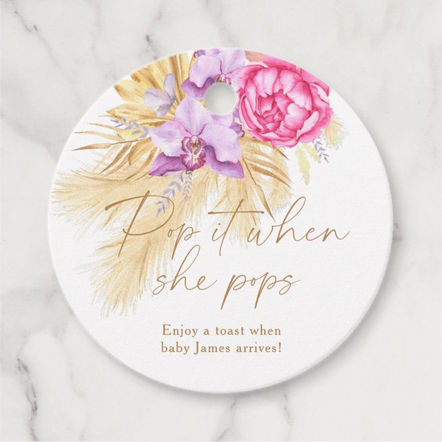 Boho pampasgräs - Baby shower Pop it Gåvor Etiketter (Framsida)
