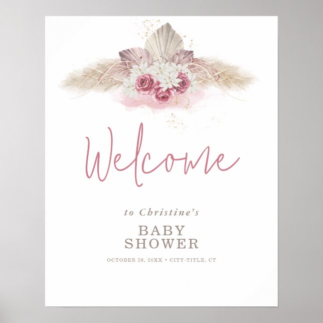 Boho Pampasgräs Baby Shower Välkomstskylt Poster (Framsidan)