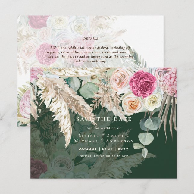 BOHO Pampasgräs Blommig Bröllop Spara Datum Kort (Fram/baksida)