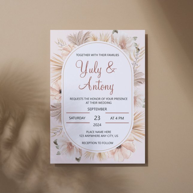 Boho Pampasgräs Blommig Kant Bröllop Inbjudningar (Boho floral wedding invitation featuring a rustic pampas grass and botanical greenery frame.)