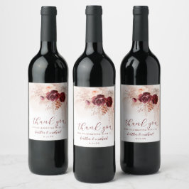 Boho Pampasgräs Bröllop Burgunderrosor Vin Etikett