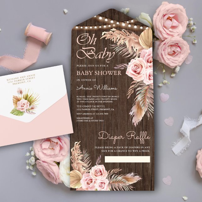 Boho Pampasgräs dammig rosa trädocka baby shower (Skapare uppladdad)
