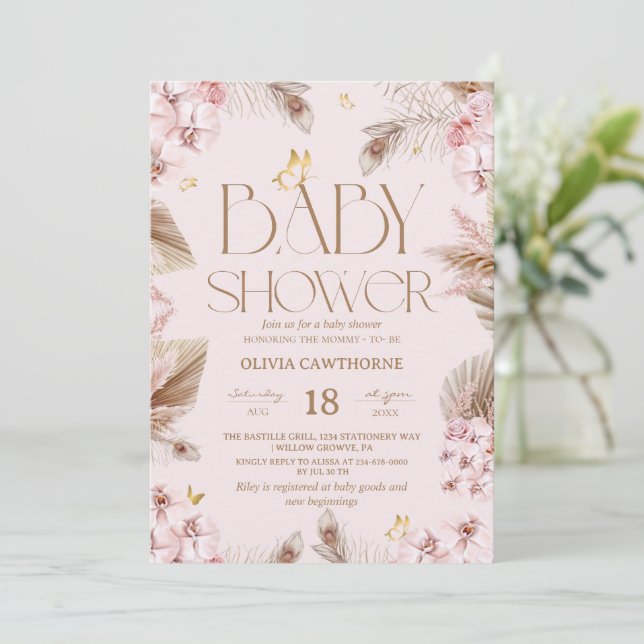 Boho Pampasgräs Flicka Baby Shower Inbjudan (Stående Fram)