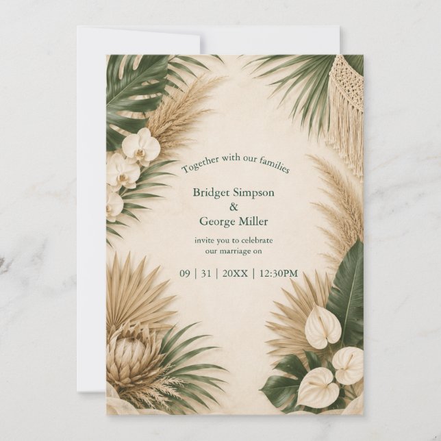 boho Pampasgräs Hawaii Blommig Tropisk Bröllop Inbjudningar (Framsida)