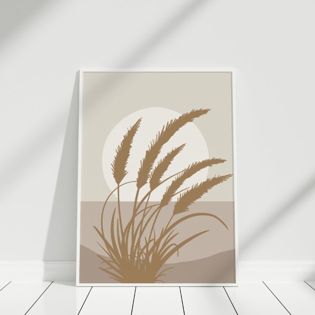 Boho Pampasgräs Måne Neutral Väggkonsttryck Poster (Boho Pampas Grass Full Moon Illustration Poster on a white frame against white wall.)