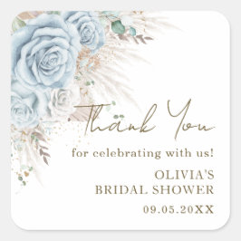 Boho Pampasgräs Pastellblå Blommig Bröllopsdusch Fyrkantigt Klistermärke