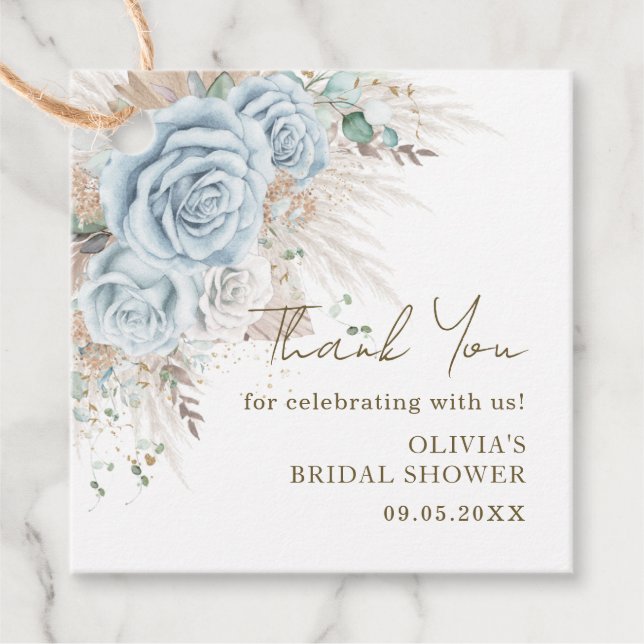 Boho Pampasgräs Pastellblå Blommig Bröllopsdusch Gåvor Etiketter (Framsida)