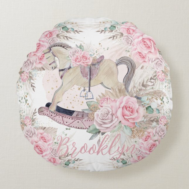 Boho Pampasgräs Rosa Blommig Gunghäst Rund Kudde (Framsidan)