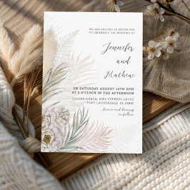 Boho Pampasgräs & Vit Blommig Bröllopsdekor Inbjudningar