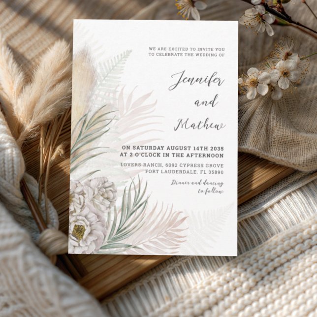 Boho Pampasgräs & Vit Blommig Bröllopsdekor  Inbjudningar (Skapare uppladdad)
