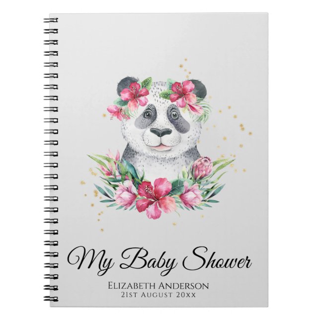 Boho Panda Bear Baby Shower Planner Flowers Anteckningsbok (Framsidan)