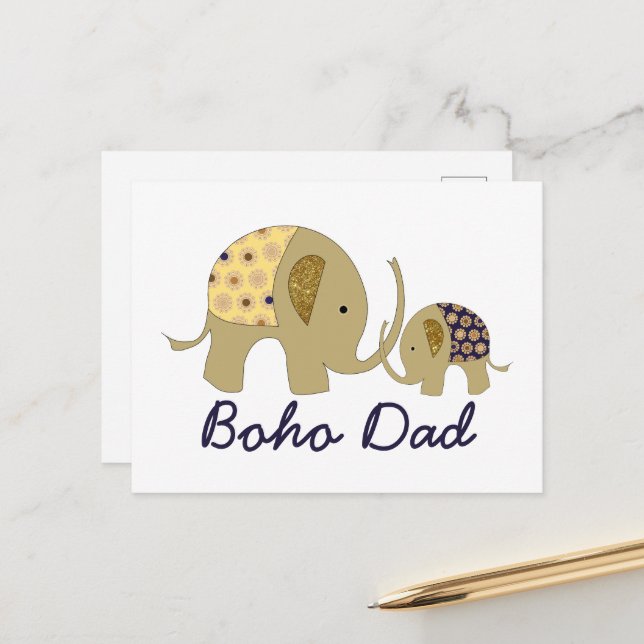 Boho Pappa, Guld Elephant Vykort (Fram/Back In Situ)