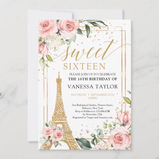 Boho Paris Eiffel  blommigt greenery guld 16:e Inbjudningar (Framsida)