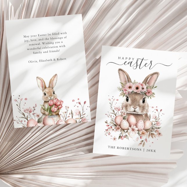 Boho Påsk Söt Bunny  Blommigt Eggs Julkort (Boho Easter Pretty Bunny Blush Floral Eggs Holiday Card on a sunny neutral dry palm leaf.)