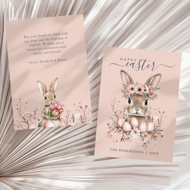 Boho Påsk Söt Bunny  Blommigt Eggs Julkort (Boho Easter Pretty Bunny Blush Floral Eggs Holiday Card on a sunny neutral dry palm leaf.)
