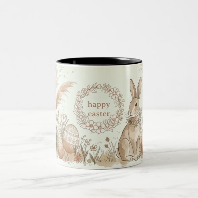Boho påskhare med blomsterkrans illustration Två-Tonad mugg (Center)