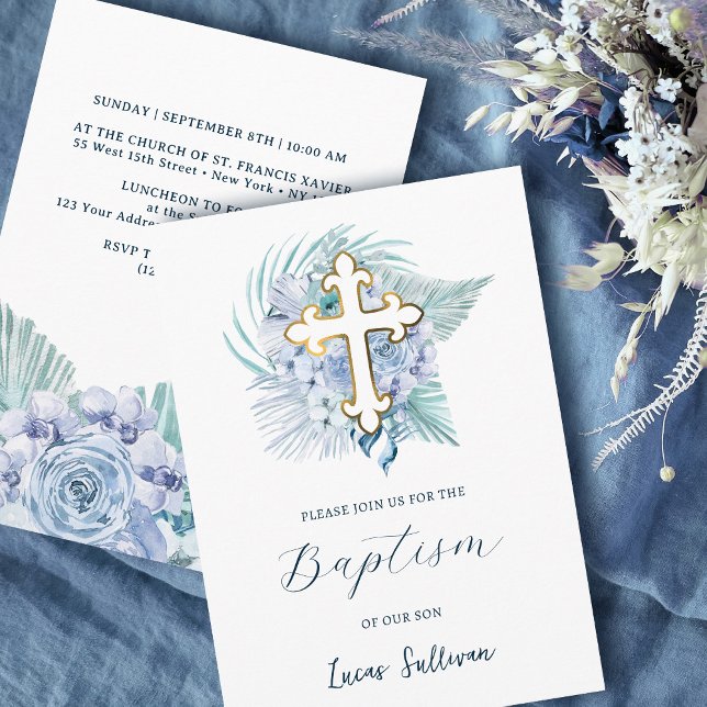 Boho Pastel Blue Bouquet Baptism Inbjudningar (Skapare uppladdad)