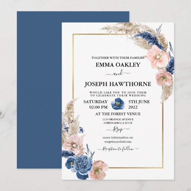 Boho pastel blue &  chic blommigt Bröllop Invit Inbjudningar (Fram/baksida)
