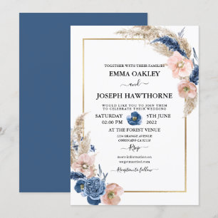 Boho pastel blue &  chic blommigt Bröllop Invit Inbjudningar