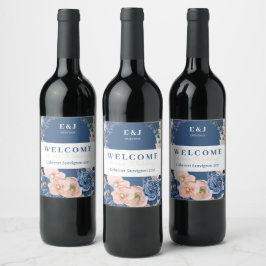 Boho pastel blue & chic Bröllop "Welcome" Vinflaska Etikett