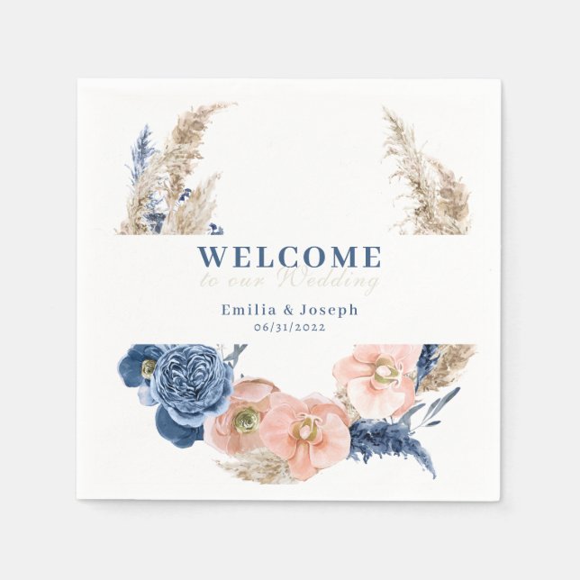 Boho pastel blue och  chic Bröllop Pappersservett (Framsidan)