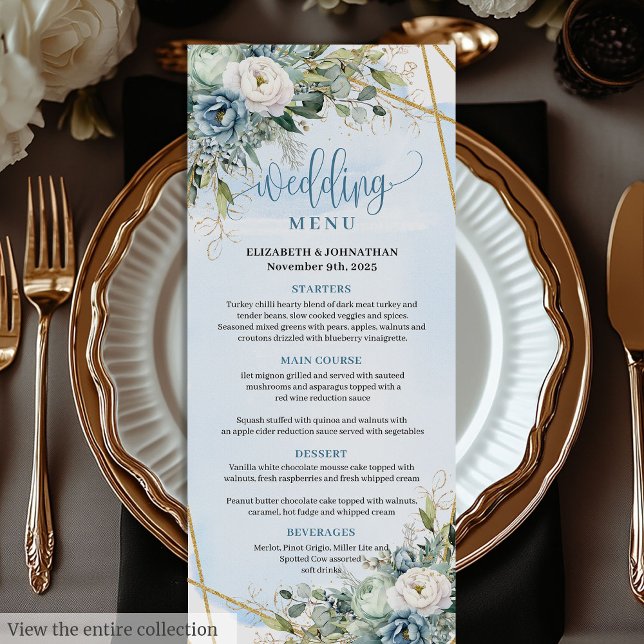 Boho Pastel Blue Peonies Guld Ram Dinner Menu Meny (Boho Pastel Blue Peonies Gold Frame Dinner Menu

)