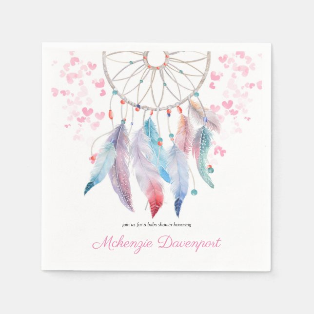 Boho Pastel Feathers Dreamcatcher Girl Baby Shower Pappersservett (Framsidan)