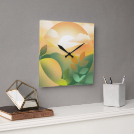Boho Pastel Nature Painting Landscape Clock Fyrkantig Klocka