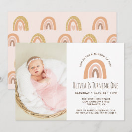 Boho Pastel Rainbow 1:a födelsedag Fotoinbjudan Inbjudningar