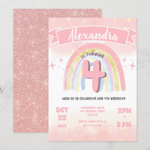 Boho Pastel Rainbow 4th Four Birthday Girl Glitter Inbjudningar