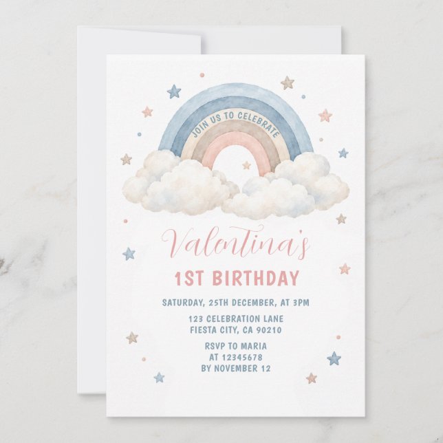 Boho Pastel Regnbåge Moln Flicka 1-årsdag Stjärnor Inbjudningar (Framsida)