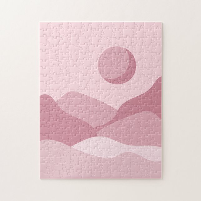 Boho Pastel Rosa Landskapsbergen och Måne Sol Pussel (Vertikal)
