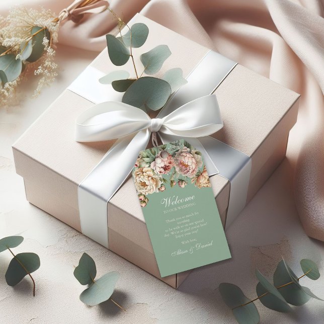 Boho Pastel Sage Grönt  Rosa Peonies Bröllop Presentetikett (Boho Pastel Sage Green Blush Pink Peonies Wedding Gift Tags on a gift box with white ribbon.)