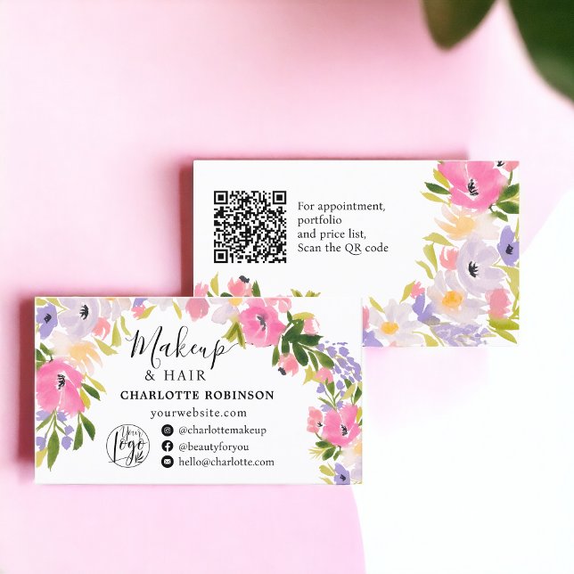 Boho pastel vild blommor pastel blommigt makeup ha visitkort (Boho pastel wild flowers pastel floral makeup hair business card)