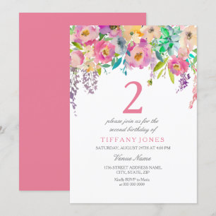 Boho Pastel Watercolor Flowers 2:a födelsedagen Pa Inbjudningar