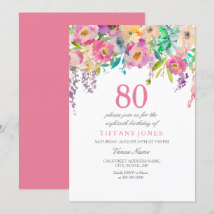 Boho Pastel Watercolor Flowers 80:e Födelsedagsfes Inbjudningar