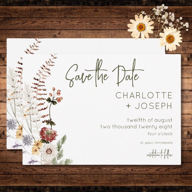 Boho Pastel Wildblommor Modern Blommigt Bröllop Spara Datumet (Boho Pastel Wildflowers Modern Floral Wedding Save The Date)