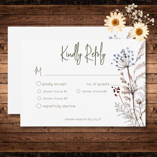 Boho Pastel Wildblommor Modern Blommigt Tre middag OSA Kort (Boho Pastel Wildflowers Modern Floral Three Dinner RSVP Card)