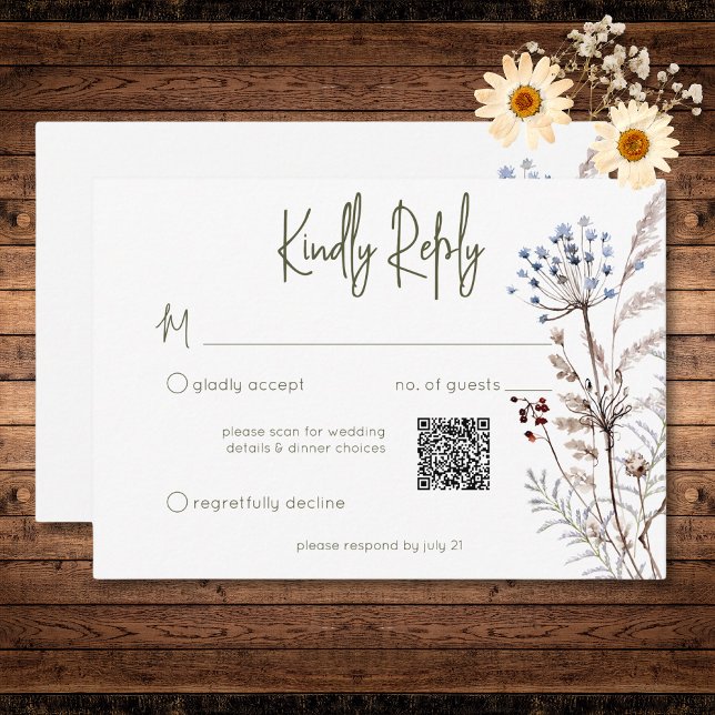 Boho Pastel Wildblommors Modern Blommigt QR-kod OSA Kort (Boho Pastel Wildflowers Modern Floral QR Code RSVP Card)