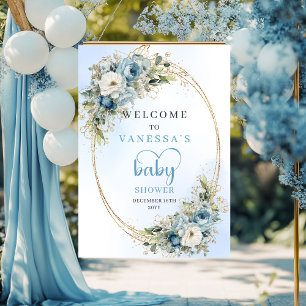 Boho Pastell Blå Blommig Eucalyptus Baby Shower  Poster