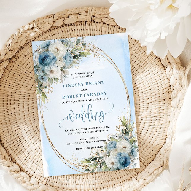 Boho Pastell Blå Blommig Glitter bröllopsinbjudan Inbjudningar (Boho Pastel Blue Floral Glitter wedding invite

)