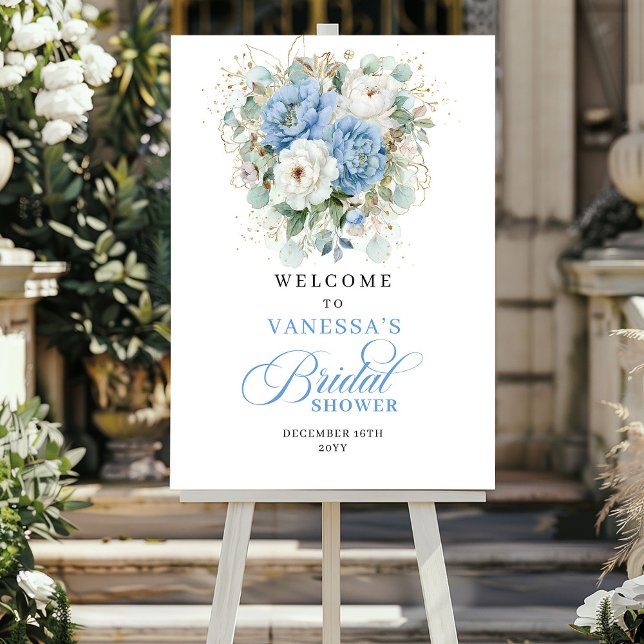 Boho Pastell Blå Blommor Bröllopsdusch Välkommen Poster (Boho Pastel Blue Flowers Bridal Shower Welcome)