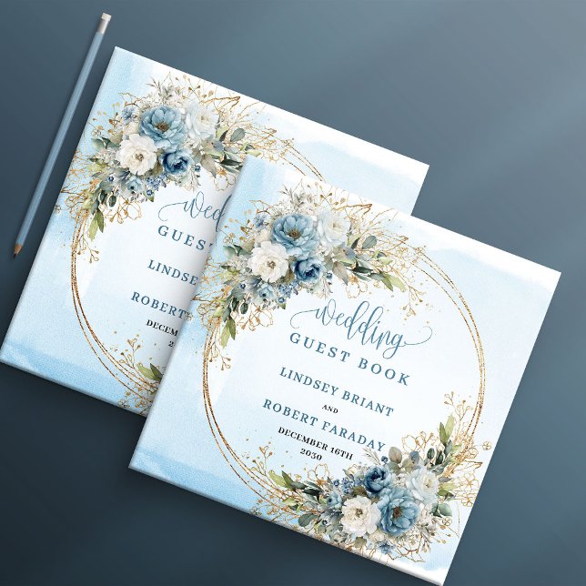 Boho Pastell Blå Blommor Guld Bröllop Gästbok (Boho Pastel Blue Flowers Gold Wedding Guest Book)